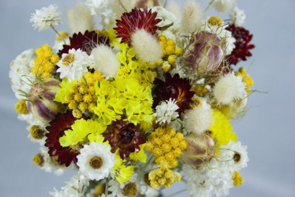 Close-up droogbloemen boeketje geel-wit-rood