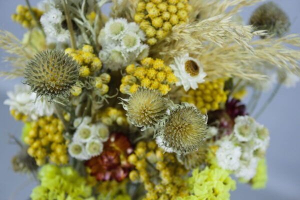 Close-up droogbloemen boeketje mini zonnebloem & gele ageratum